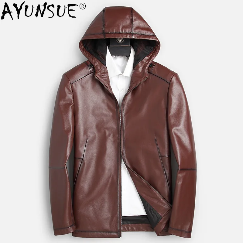 

Куртка AYUNSUE мужская из 100% натуральной коровьей кожи, верхний слой из воловьей кожи, модное пальто с капюшоном