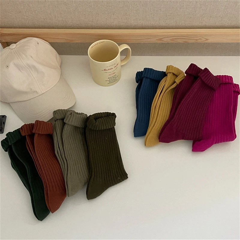 Women Socks Long Fashion Cotton Breathable Autumn Winter Solid Color Sports Socks Girls Casual Simple Retro Plain Comfortable