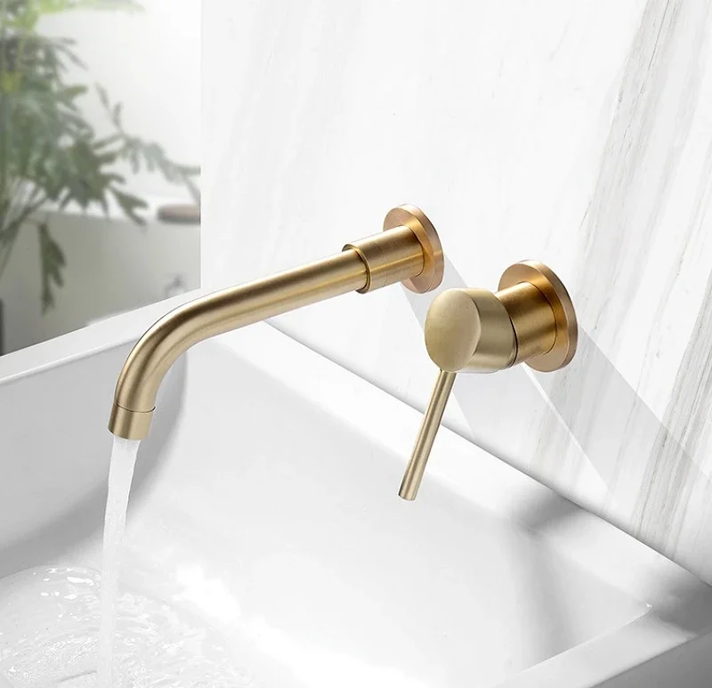 Description Picture 2 of itemLuxury Brushed Gold Bathroom Basin Faucet Concealed Wall Mounted Vessel Sink Tap 360° Swivel Spout Bathtub Faucet Hot Cold Mixer