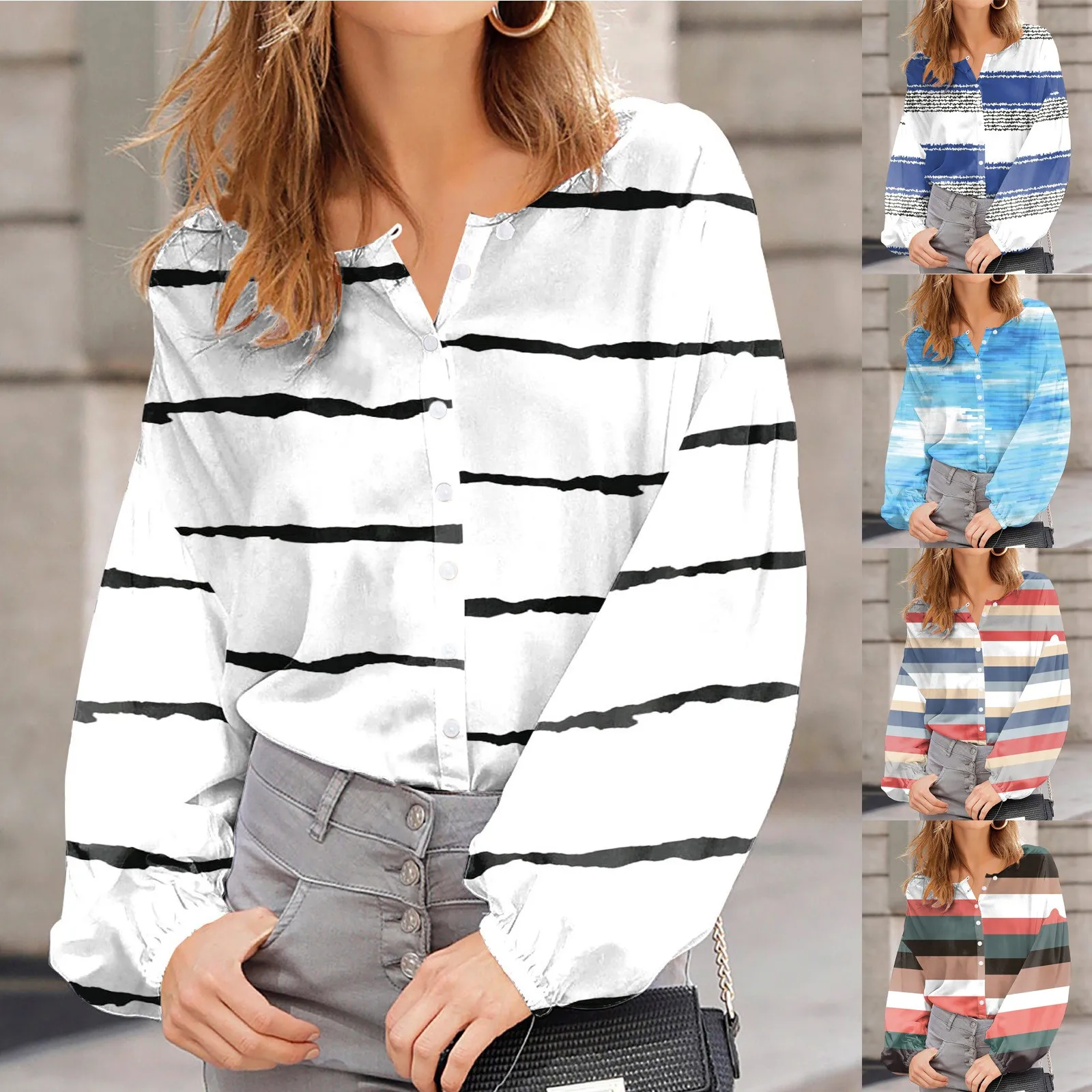 2023 Women's New Casual Loose Bubble Sleeve Fashion Stripe Blusas Streetwear Retro Social dress shirt Oversized Casual Shirt