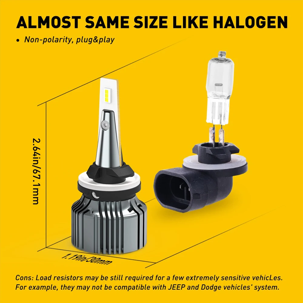 AUXITO 2개입 881 H27 H27W/1 LED 안개등 전구 6500K 백색 880 H27W/1 LED 자동차 안개등 DRL CSP 방수 무선 팬리스 12V