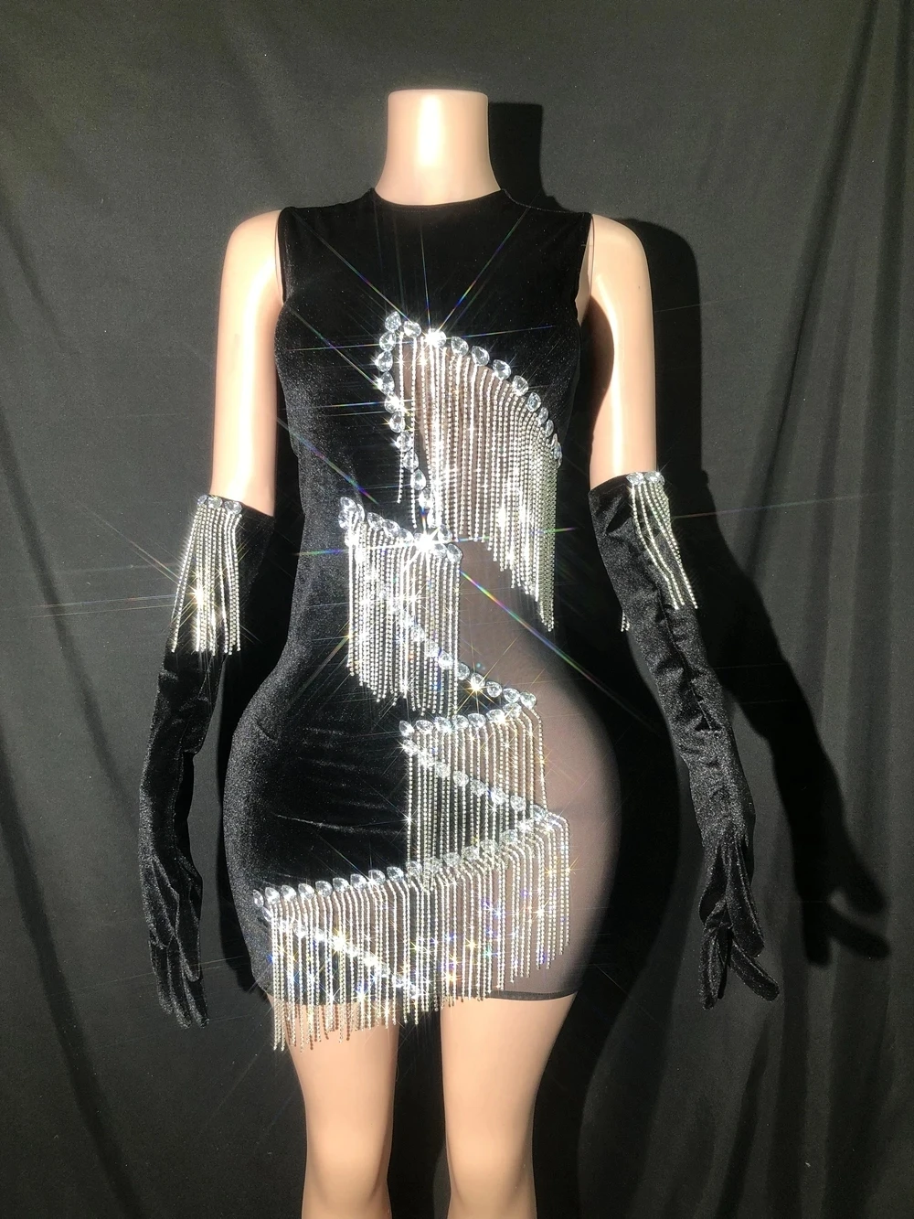 

Sparkly Silver Rhinestones Chains Black Mesh Velvet Short Dress Gloves for Women Party Celebrate Birthday Dress Show Stage Wear