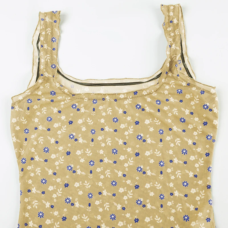 Floral Print Frills Mesh Crop Top Women Sweet Summer Tank Vest Camisole Korean Fashion