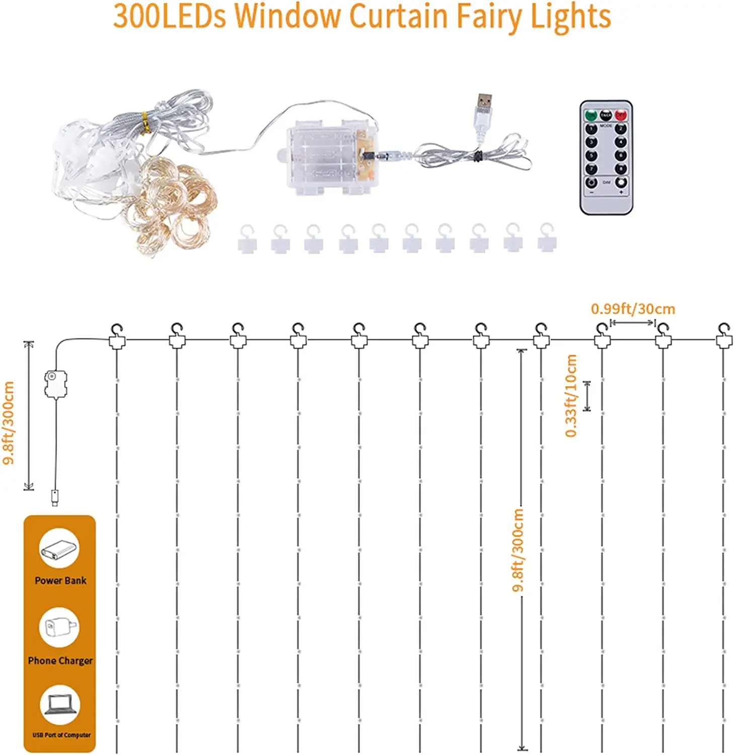 Battery or USB Plug in, 9.8 x 9.8 ft Remote Control Curtain Fairy