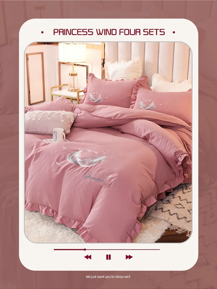 4-Piece Bedding Set Fashion Lace Girl Bedspread Skirt Solid Color Bed Linens King Queen Size Bed Cotton Pure Sheet Quilt Cover duvet sets