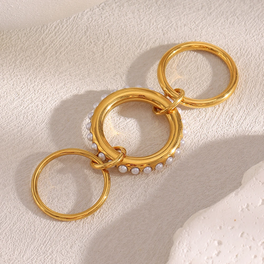 E.B.belle Neuer eleganter Stil für Damen, drei Schichten, Imitationsperlen-Ring, wasserdicht, 18 Karat vergoldet, 316L-Edelstahl-Schmuck – Detail 7