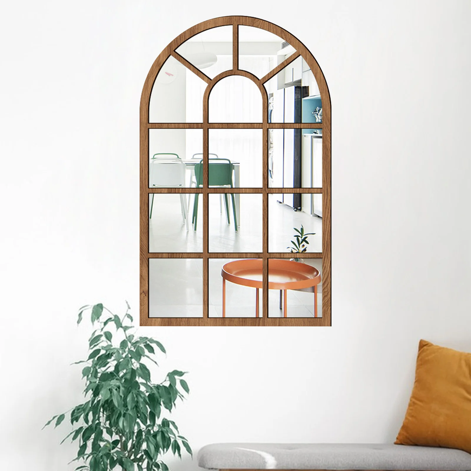 Set Di 2 Specchi Ad Arco Vintage In Acrilico Con Cornice In Legno - Autoadesivi, 27x42 Cm, Decorazione Parete Stile Finestra
