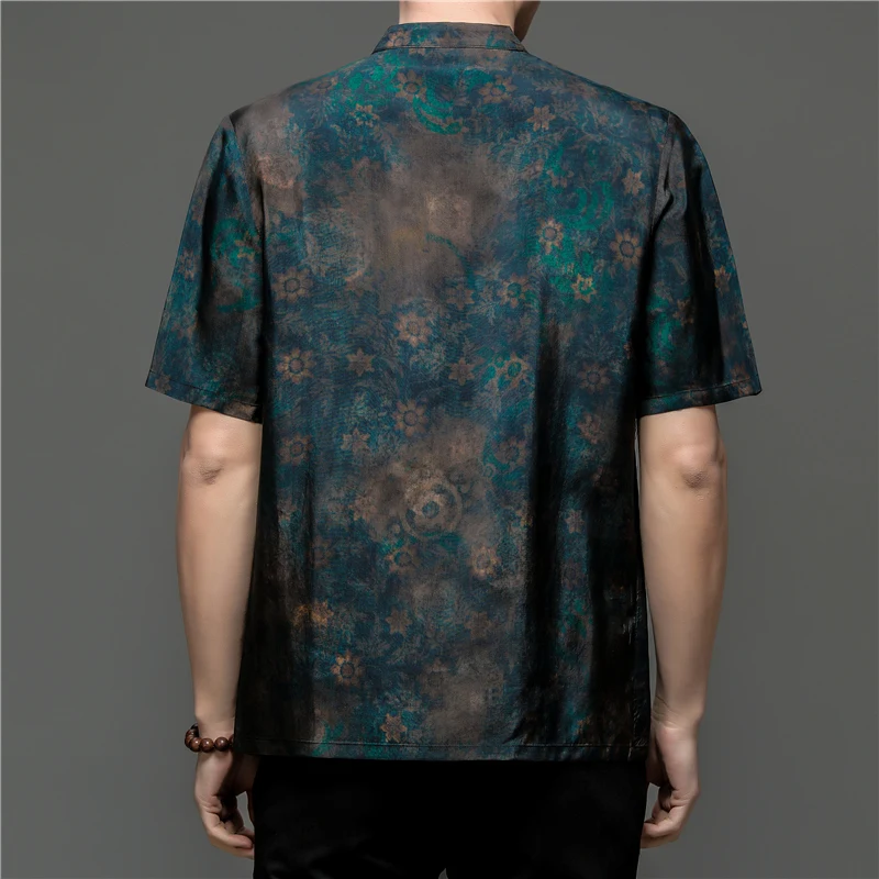 Tang Costume Shirts For Men Stand Collar Short Sleeved Print Loose Summer Satin Quality Smooth Comfortable Vintage Chemise Homme 4