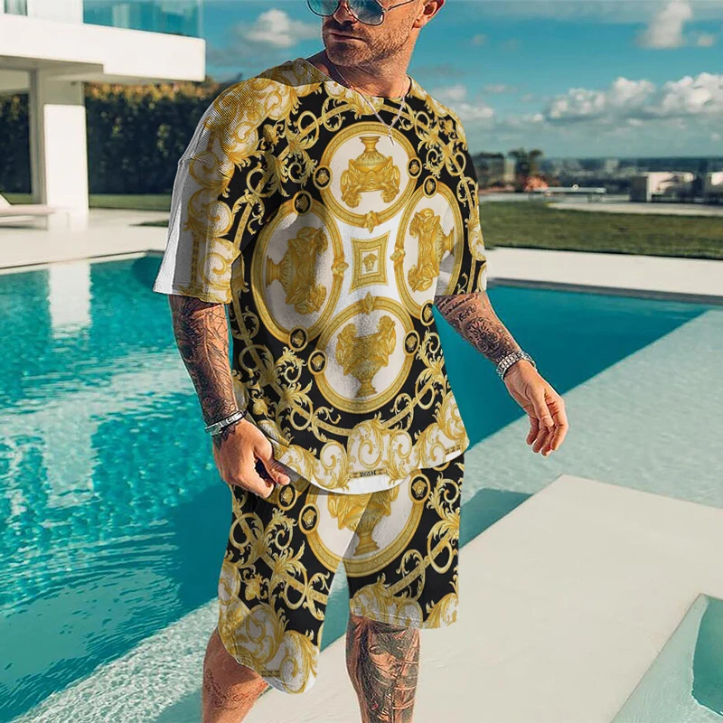 

Men's Summer Tracksuit Luxurious T-Shirt+Shorts Set Casual Gold Print Outfits Vintage Jogging Suit Oversized Clothing Streetwear