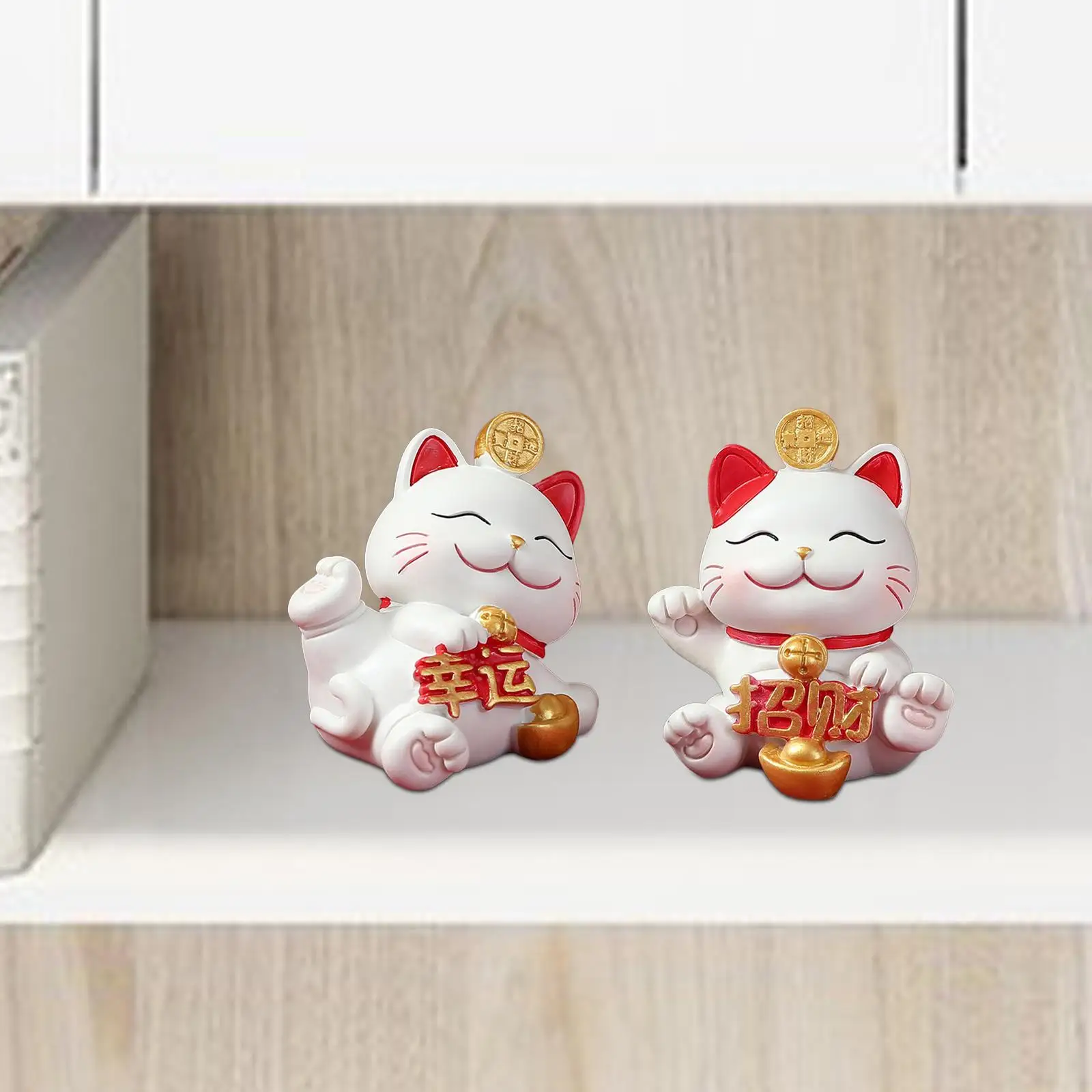 Lucky Cat Figurine Cartoon Desktop Ornament for Desk Living Room Bookshelf