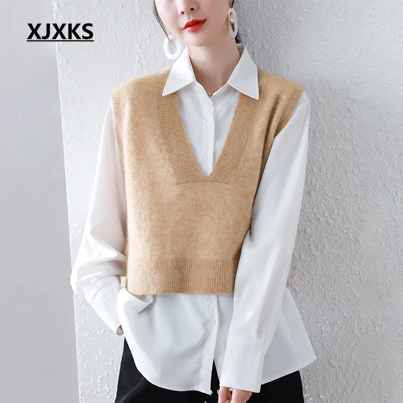 

XJXKS 2022 Autumn Latest Outer Vest Fashion Big V-neck Short-sleeved Sleeveless Sweater 100% Wool Knitted Pullover Chaleco Mujer