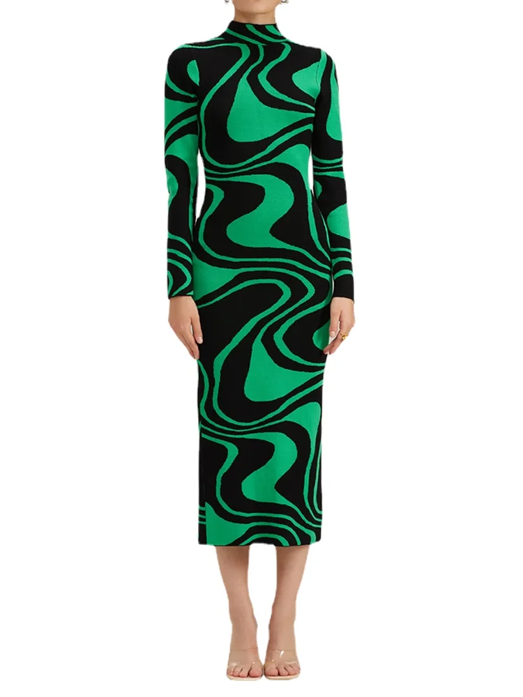 

Women Long Sleeve Turtlenck Knits Dress Abstract Autumn Winter Split Midi Dresses