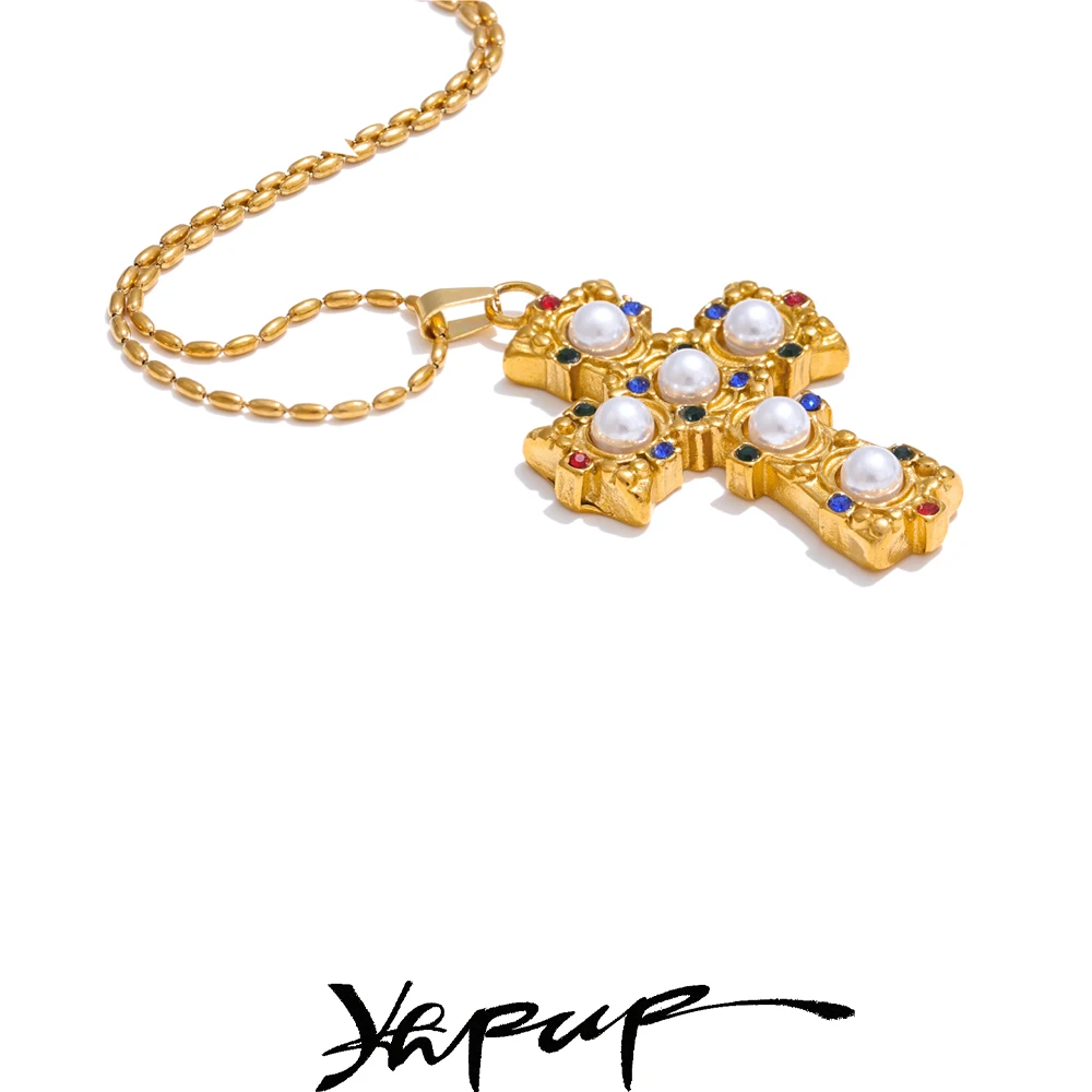 Yhpup Zirconia Imitation Pearls Cross Pendant Golden Necklace