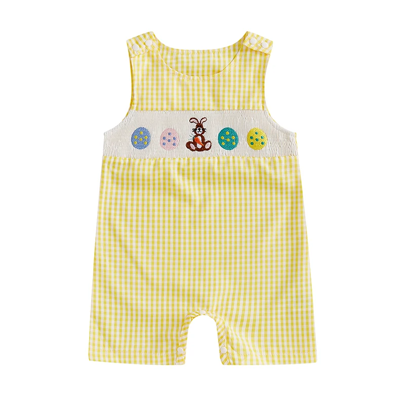 Newborn Baby Boys Girls Easter Jumpsuit Lovely Sleeveless Crewneck Egg Bunny Embroidery Plaid Tank Rompers for Toddlers 3