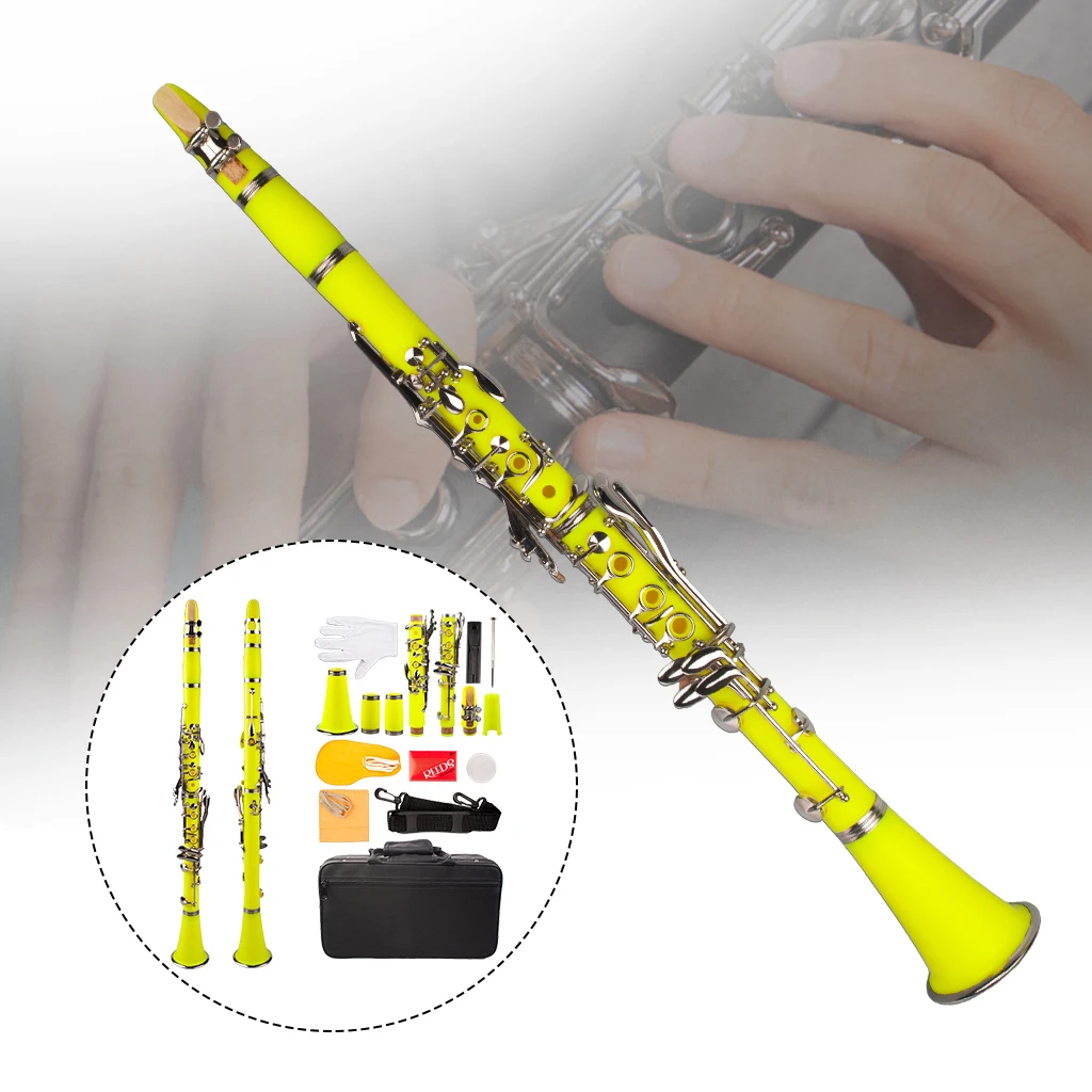 PRO Yellow B Flat Clarinet For Intermediate Student ABS Clarinet Special Practice Mouthpiece Clean Cloth Reeds Cork Grease Case