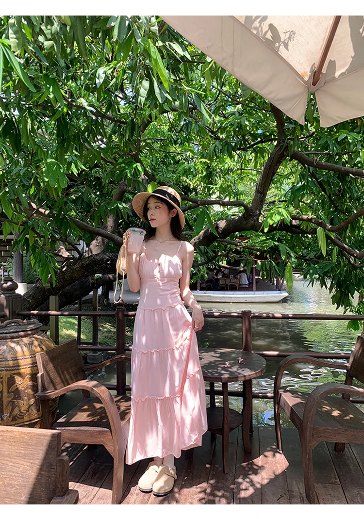 French Elegant Dresses for Women Solid Spaghetti Strap Summer New Ruffles A-line Casual Korean Chic Midi Vestidos Mujer