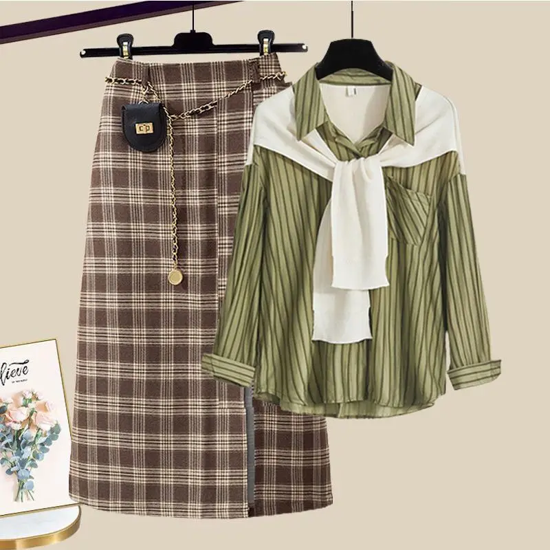 Oversized Women's Autumn Set 2023 New Temperament Age Reducing Shirt Waist Shrinking Skirt Two Piece Set Fashion