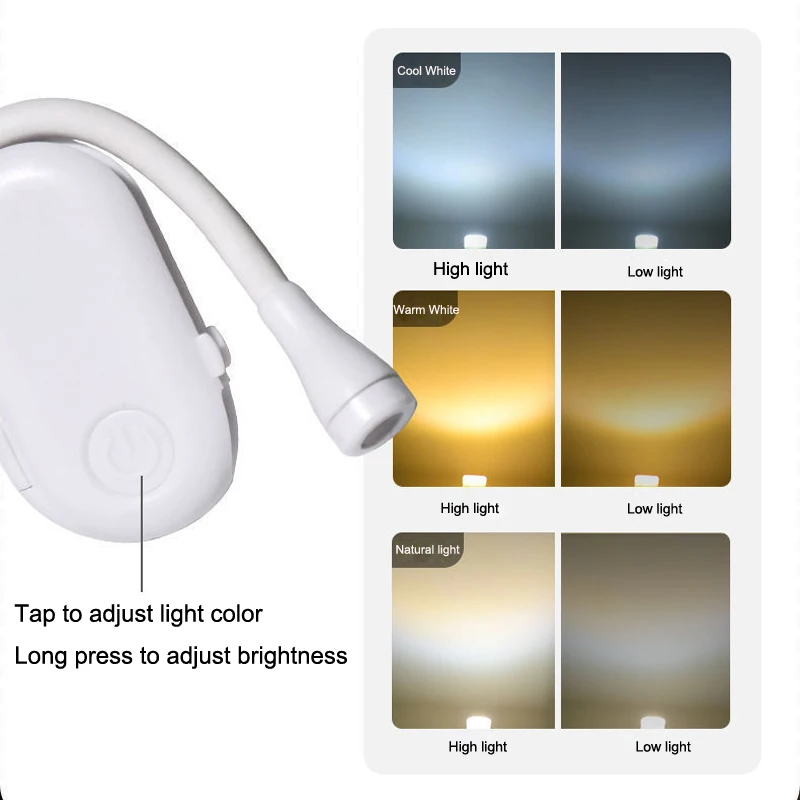 Book Light USB Rechargeable Reading Light Stepless Warm Cool White Daylight Portable Flexible Easy Clip Night Reading Lamp