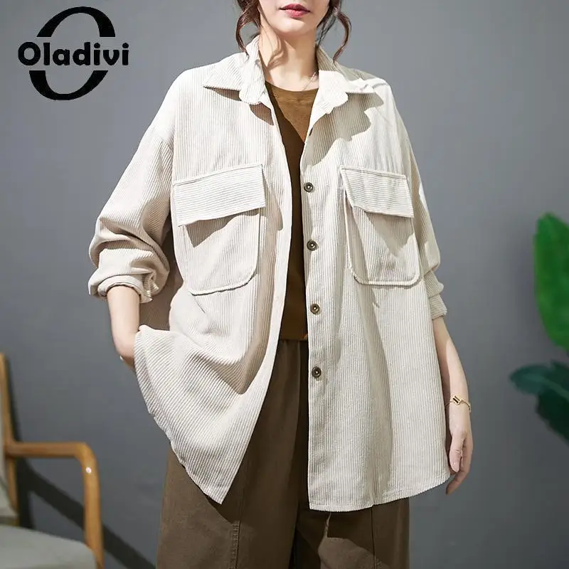 

Oladivi Large Size Corduroy Jackets 2023 Spring Autumn New Casual Loose Coats Vintage Ladies Overcoat Female Big Outerwears 9893