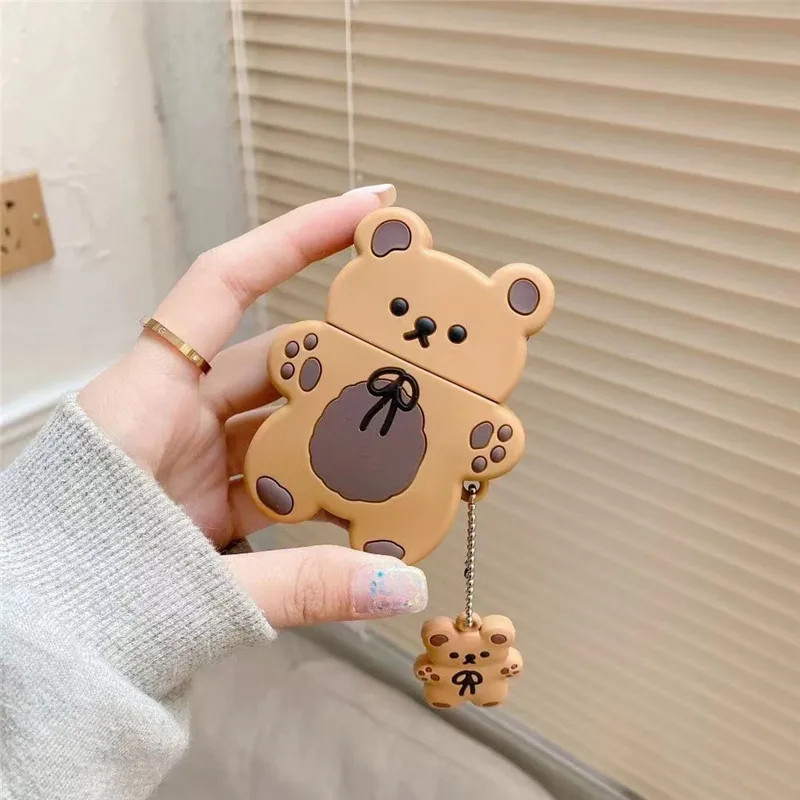 Cute 3D Cartoon Brown Bear Silicone Wireless Earphone Case with Keychain - Perfect for Airpods 1/2/3/Pro!