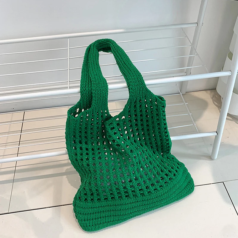 Vintage Large Capacity Shoulder Bag Woven Knitted Underarm Handbag Women's Summer Beach Travel Tote Hollow Shopper for Ladies