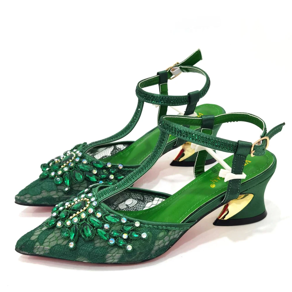 2023 New Mary Jane Design African Women Shoes and Bag Set Green Color with Shinning Crystal for Wedding Party