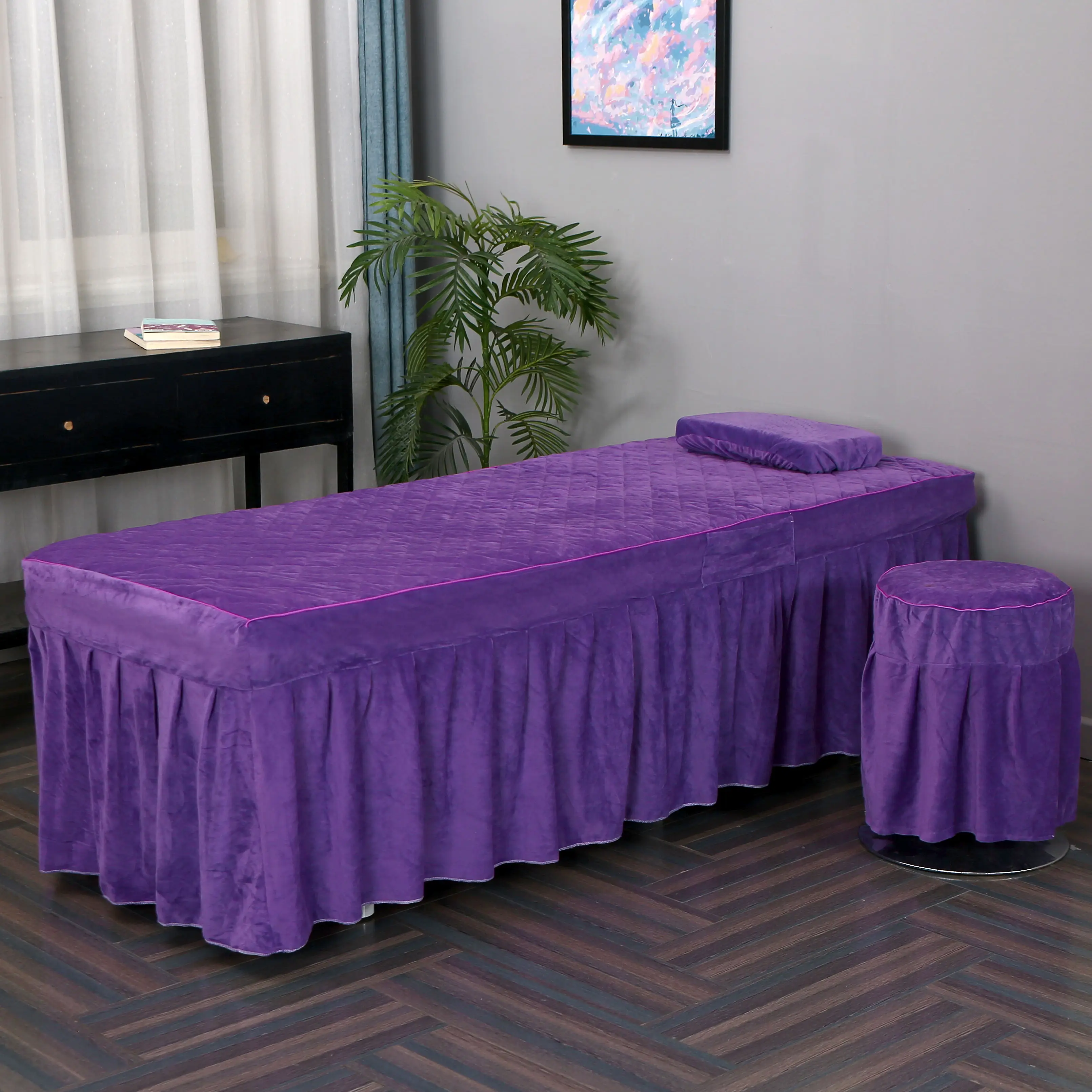 Crystal Velvet Beauty Salon 2pcs Set Bed Skirt+ Pillowcase SPA Skin-Friendly Massage Table Bed Cover Sheet Bedskirt with Hole