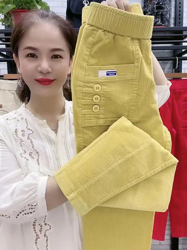 Women Casual Corduroy Harem Pants Korean Elastic High Waist Pencil Pantalons Spring Fall Mom Pantalones Ankle Length Trousers 5