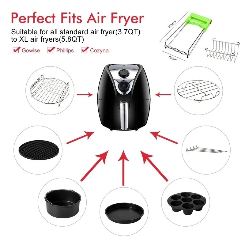 8pcs Air Fryer Accessories Set for Gowise, Phillips, Cozyna, Secura - Fit all Airfryer 3.7-5.8QT 5