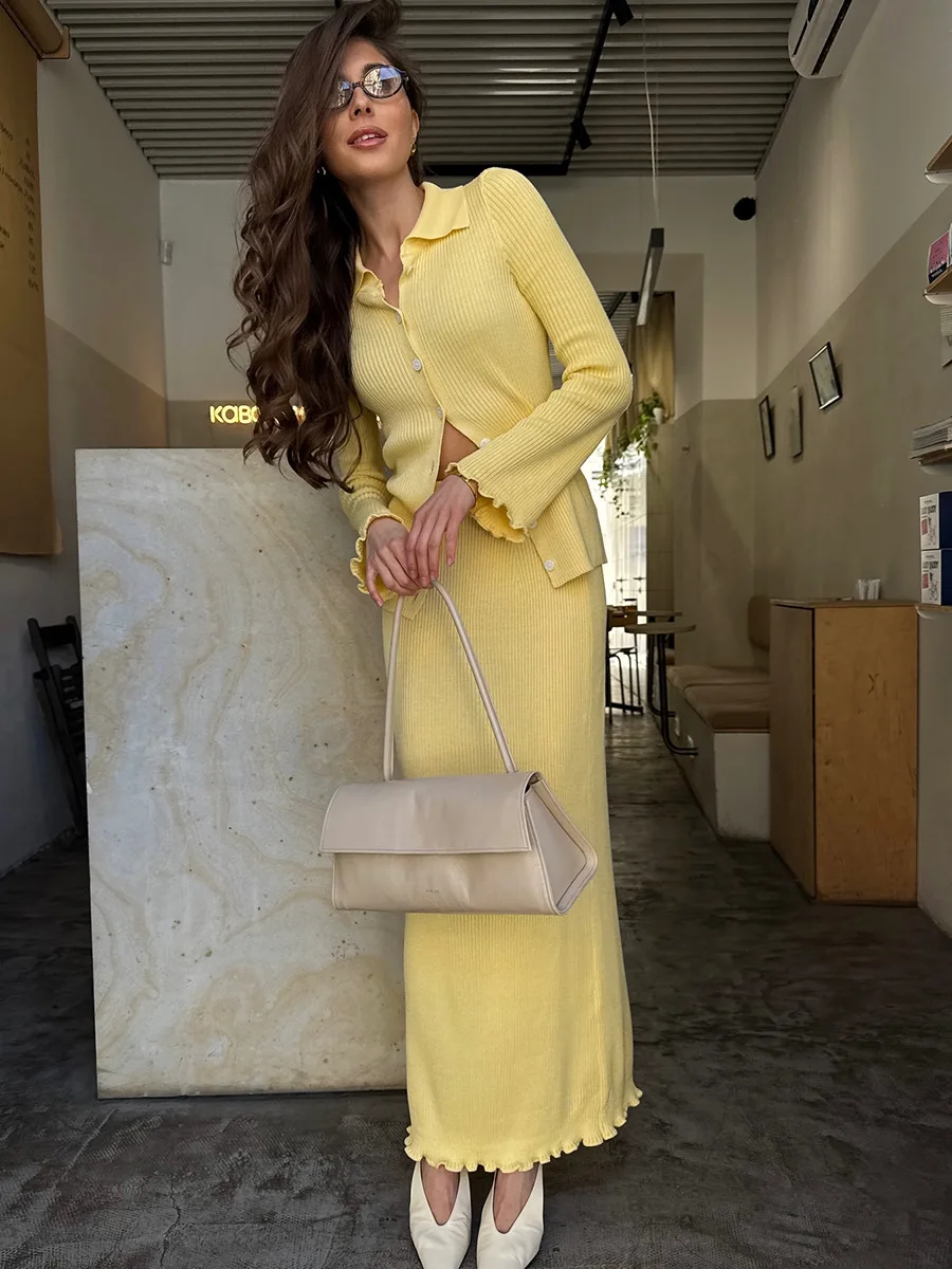 Bornladies New Women's POLO Neck Long Sleeve Cardigan Skirt Set Ribbed Knit Button Front Elastic Autumn Winter Casual Set