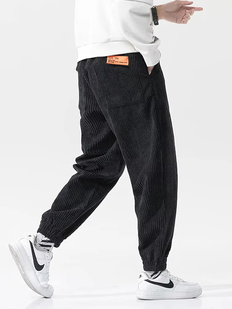 Men's Fleece Corduroy Pants Elastic Waist Baggy Wide Leg Sweatpants Fashion Loose Casual Long Trousers With Pockets