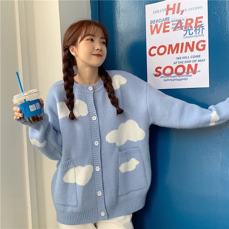 

Blue Sky and White Clouds Knitted Cardigan Women O-Neck Loose Casual Knitted Sweater Big Pocket Autumn Winter Warm Chic Jumpers
