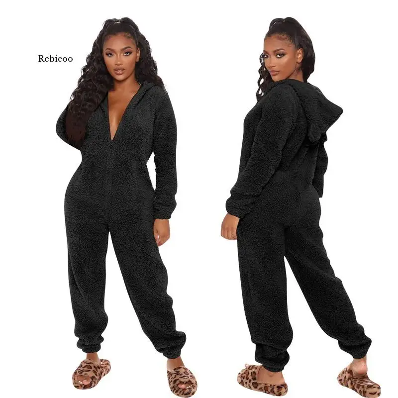 

Женский Теплый фланелевый однотонный комбинезон на молнии с длинными рукавами и пушистыми ушками