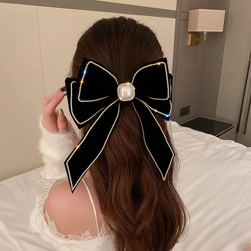 Große Haarspangen mit Schleife, eingelegte Strass-Imitationsperlen, Haarspange für Damen, Vintage-Haarspange aus weichem Samt, Haarschmuck K – Detail 2
