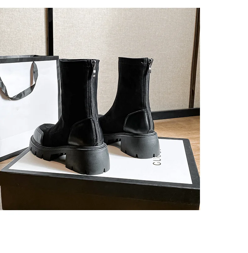 Női magas 2024-es új őszi és téli talpú rövid, vastag sarkú, rugalmas vékony zoknis csizma_voghion.com