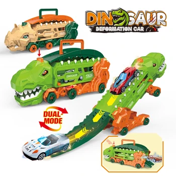 Transport Dinosaur Truck with Foldable Sliding Race Track, Transforms into Standing T-Rex & Trike, Best Birthday Gift for Kids 1