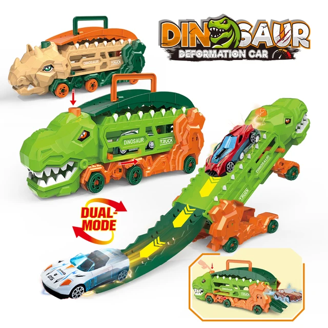 Transport Dinosaur Truck with Foldable Sliding Race Track, Transforms into Standing T-Rex & Trike, Best Birthday Gift for Kids 1