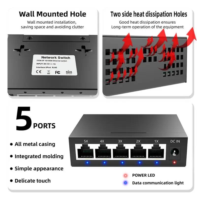 AB97-5 포트 기가비트 산업용 스위치 1000Mbps 미니 네트워크 이더넷 스위치 홈 스플리터 사무실 네트워크 분배기