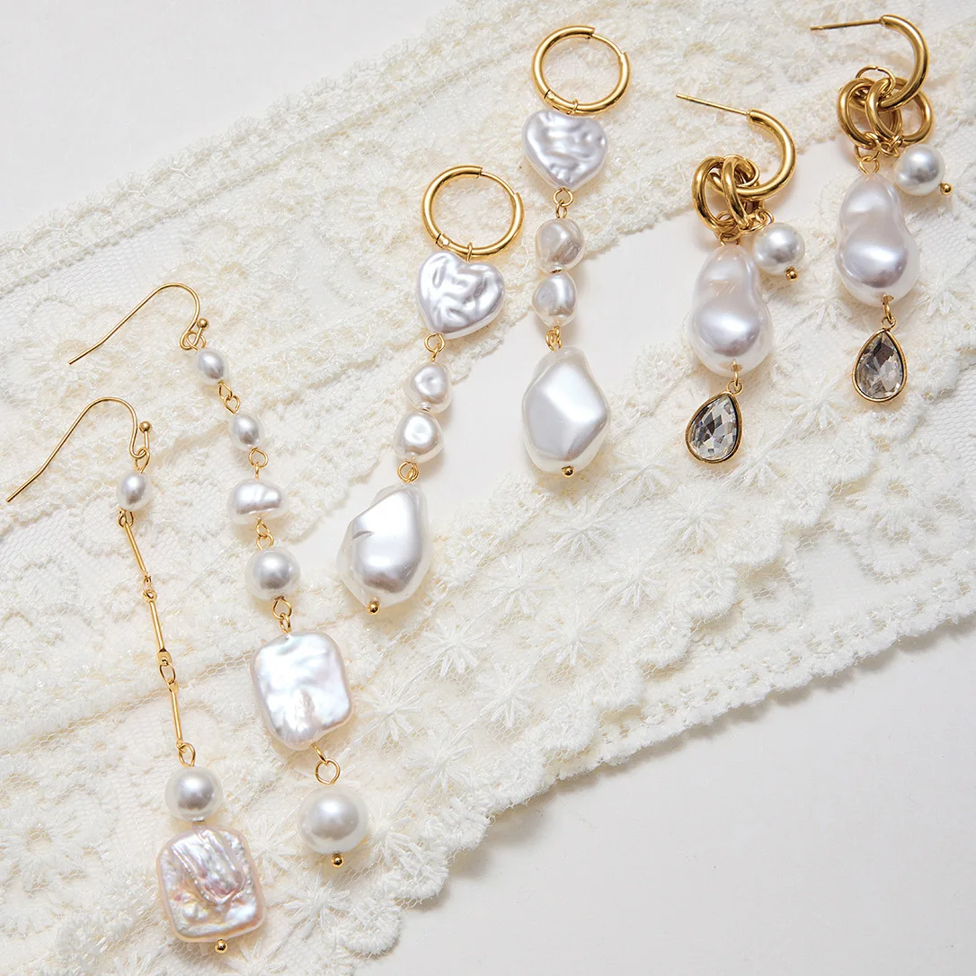 Elegant Temperament Long Pearl Dangle Earrings Geometric Irregular Thick Pearls Statement Earrings Bride Wedding Ear Jewelry New