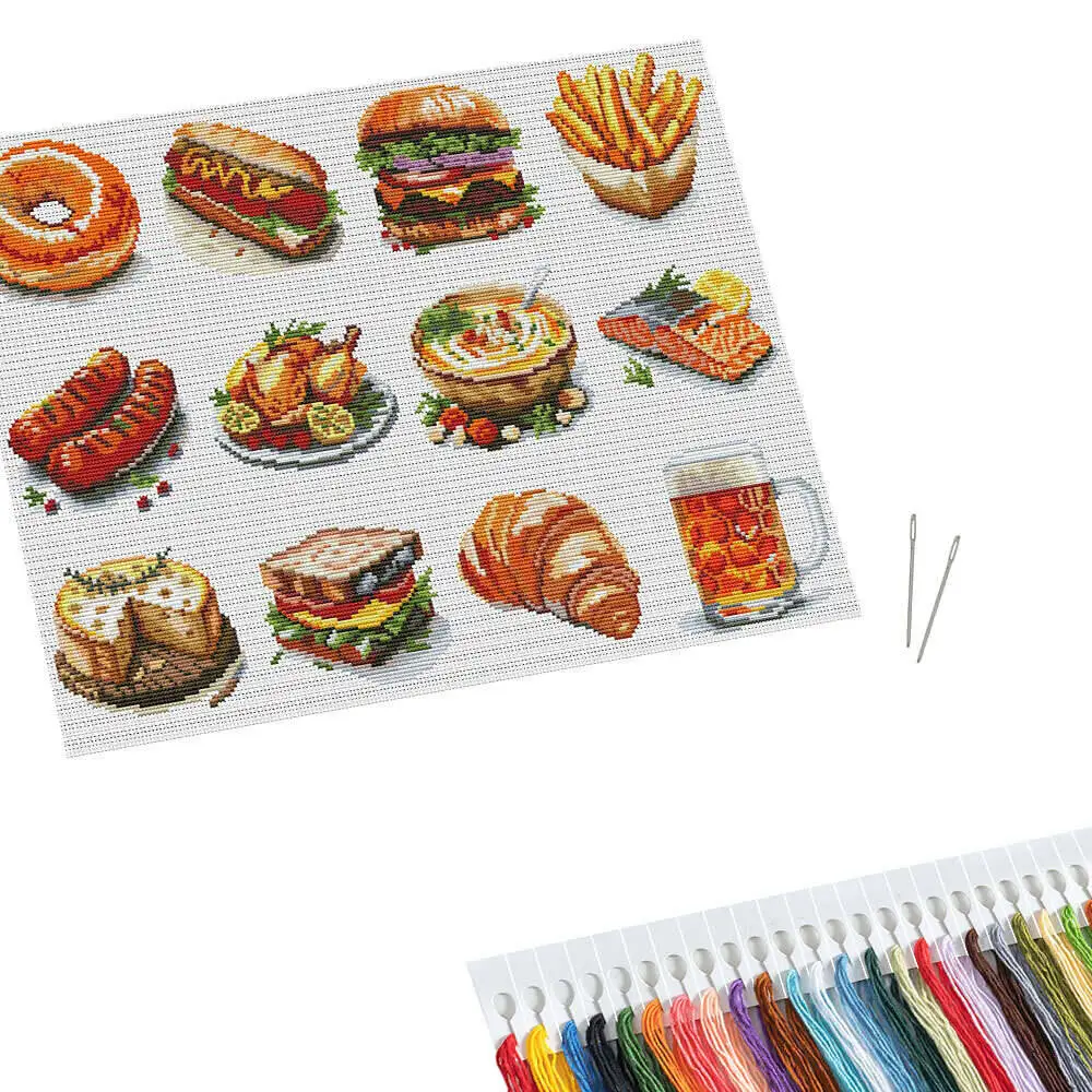 12Pcs 맛있는 음식 크로스 스티치 키트 판매 11Ct 인쇄 패브릭 자수 공예 및 창의력 벽 장식 거실