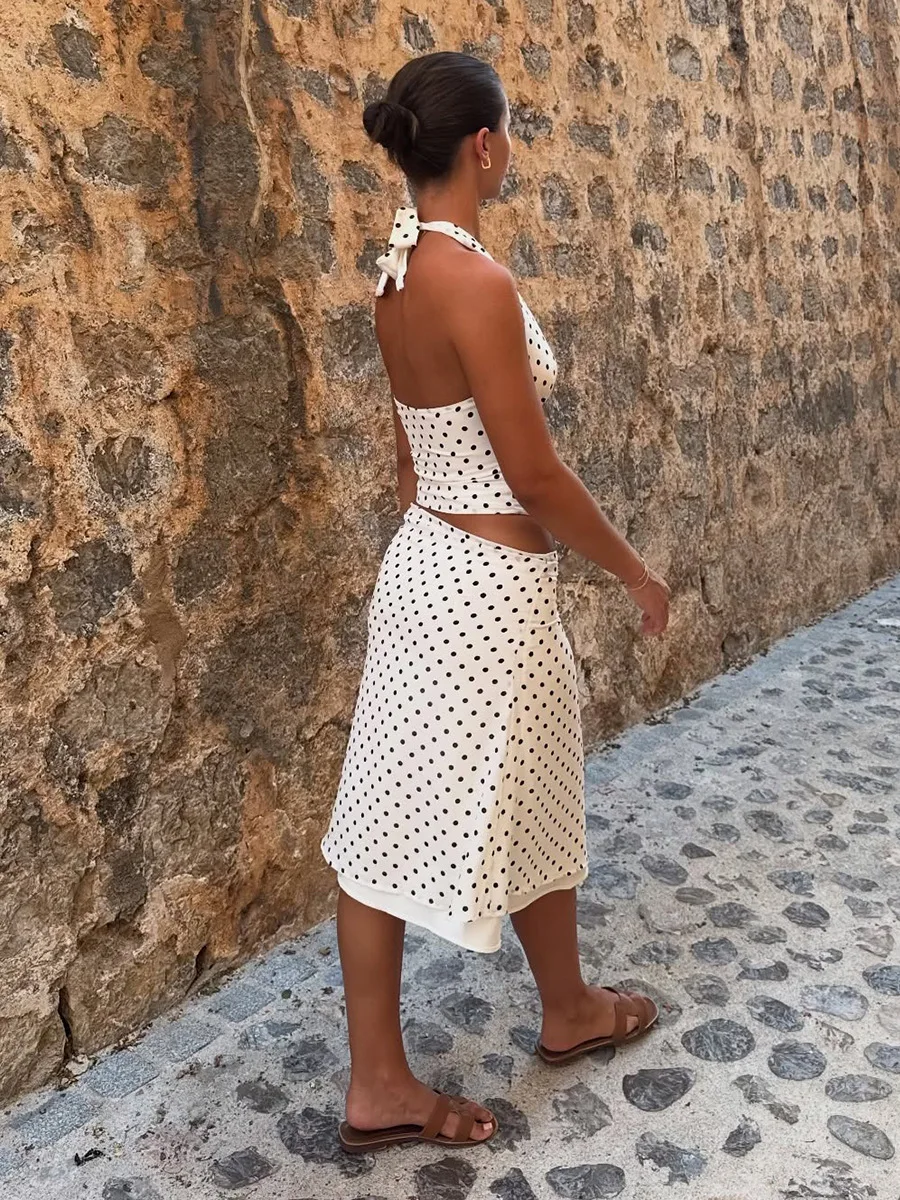 Bornladies Polka Dot Skirt Set Women's Retro Hot Girl Style Lace-Up Sexy Halter Top Low-Waist Midi Skirt Two-Piece Outfit