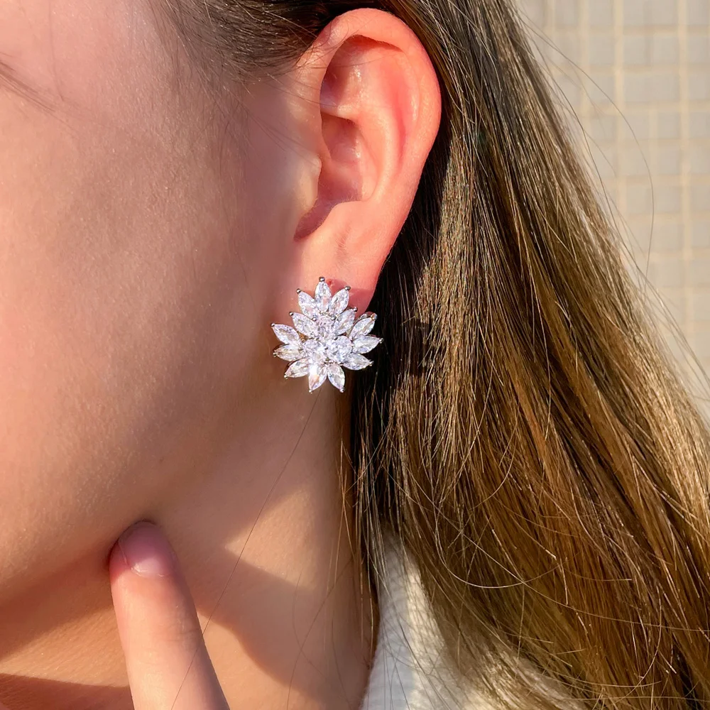 CWWZircons New Designer Flower Shape Stunning Cubic Zirconia Crystal Women Ear Clip on Earrings Without Piercing CZ196 2
