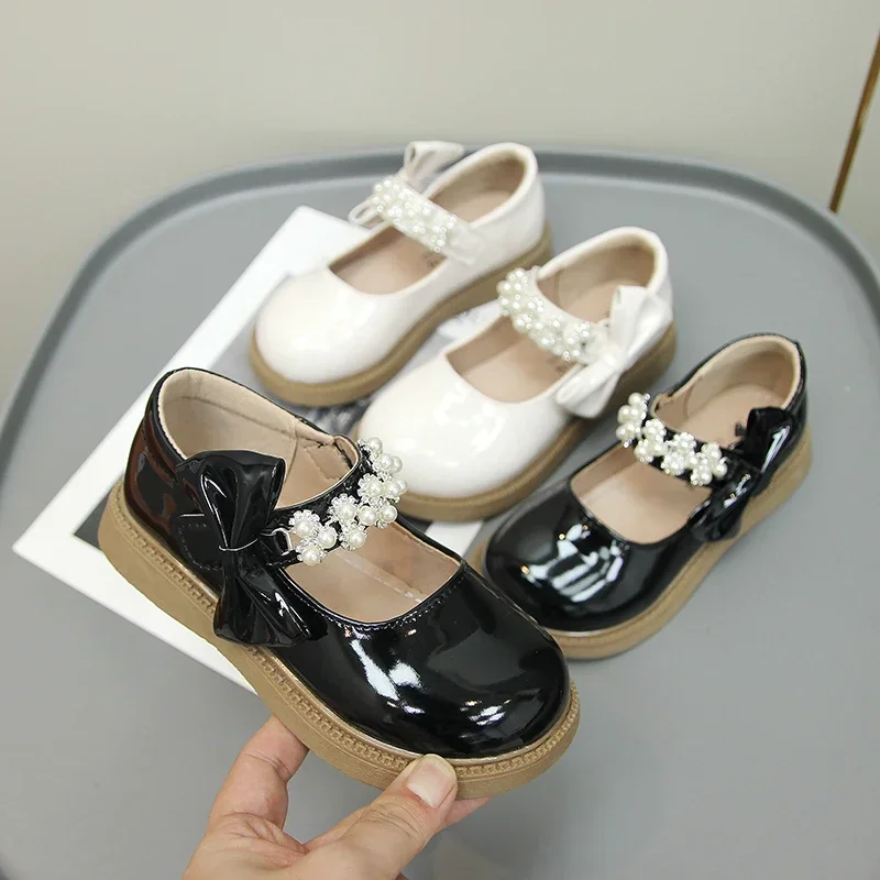 Girls Leather Shoes Children Fashion Bow with Pearls Chic Princess Glossy Versatile Shallow Loafers for Party Wedding