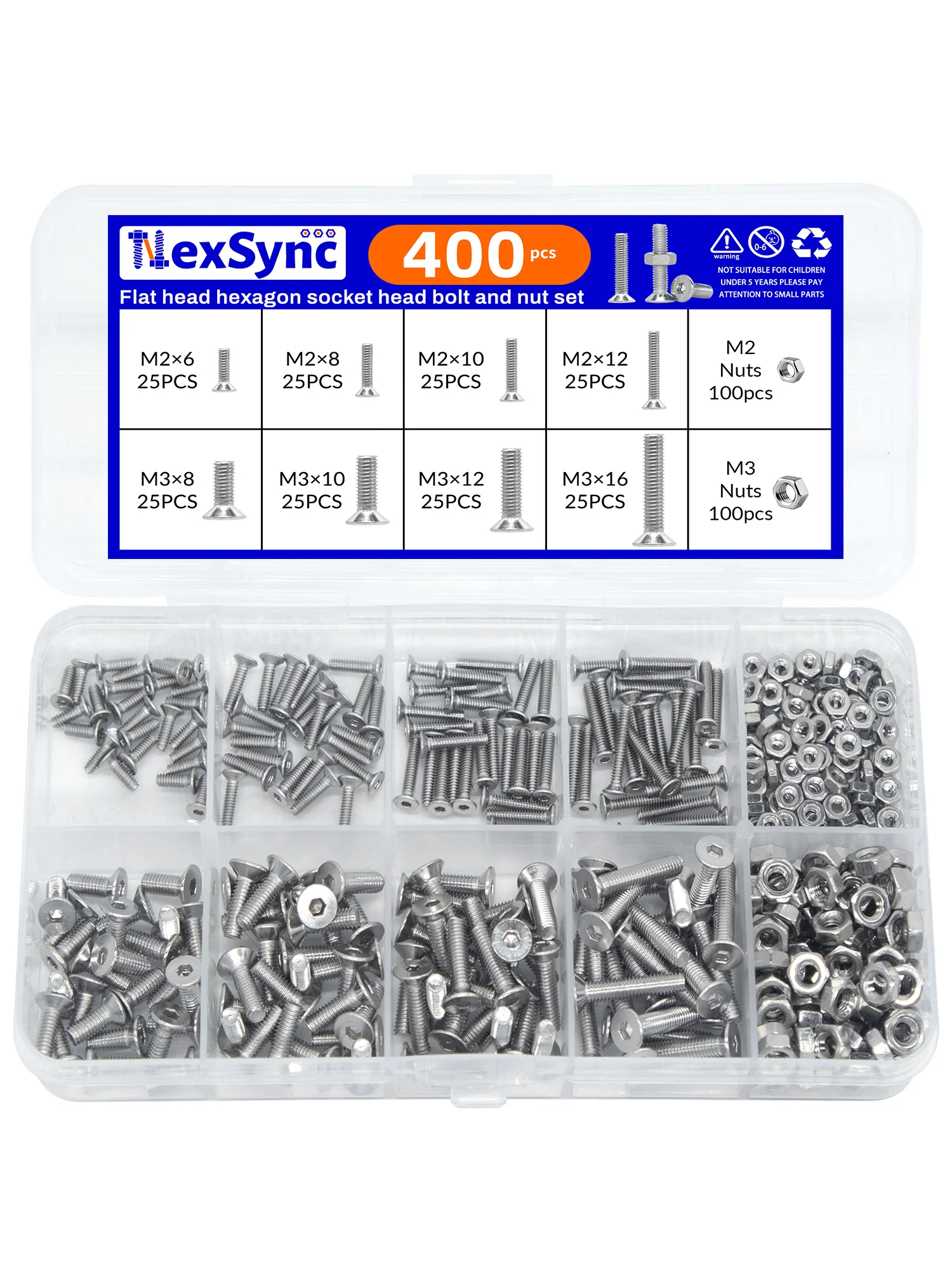 400pcs 304 stainless steel M2/M3 flat head hexagon socket head bolts and nuts set, 8 sizes fully covered