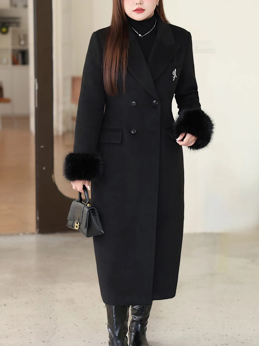Quality Hourglass Version Slim Waist Long Coat Women Plus Size Autumn Winter Wool Blend Overcoat With Faux Fox Fur Cuffs 9055