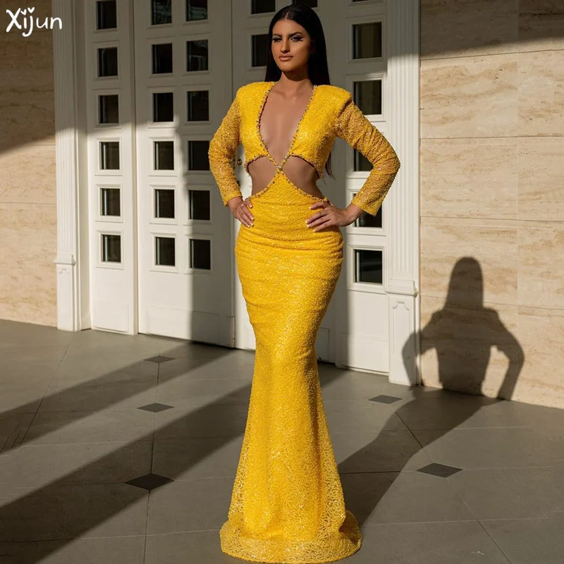 

Женское длинное вечернее платье-Русалка Xijun, желтое платье с блестками и бусинами, сексуальное официальное платье с длинным рукавом для выпускного вечера, платье для вечеринки в Саудовской Аравии, 2022