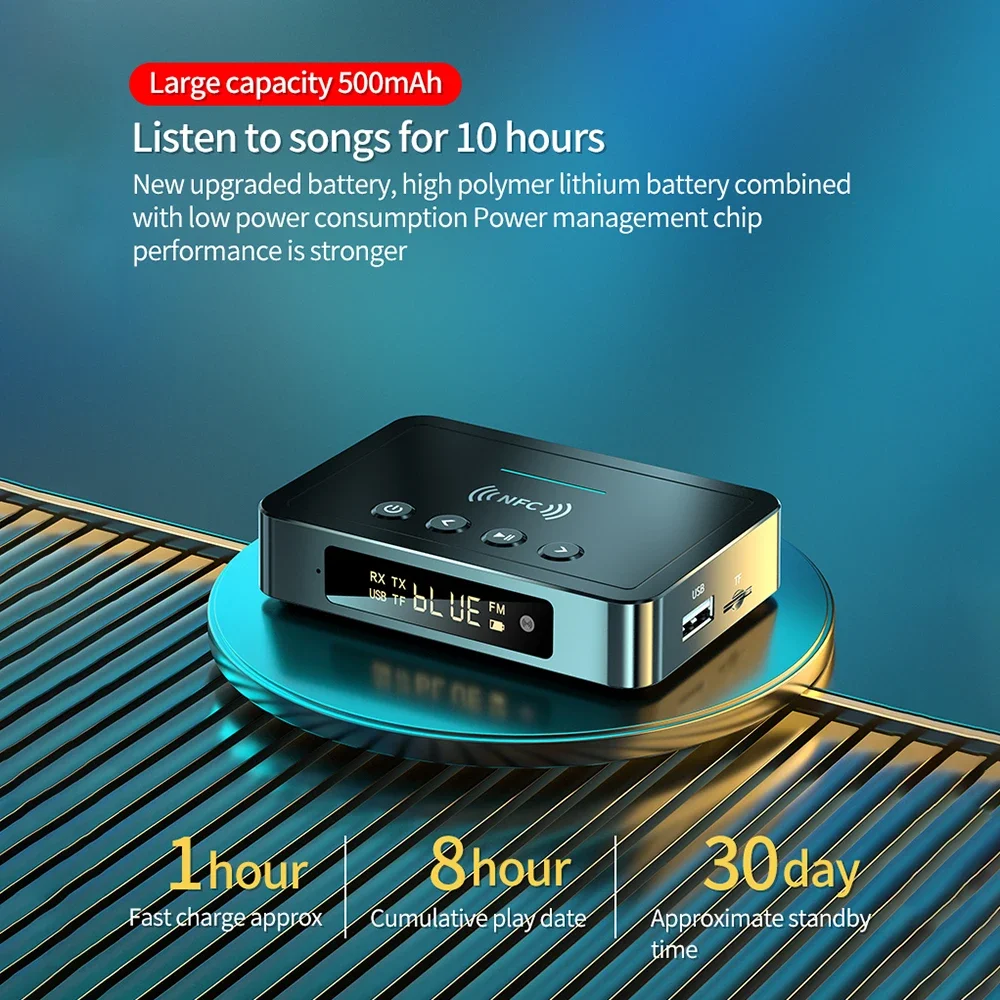 NFC 블루투스 호환 5.0 수신기 송신기 무선 어댑터 AUX 3.5MM 광 동축 TF/U-디스크 USB FM LED 디스플레이 HD 마이크