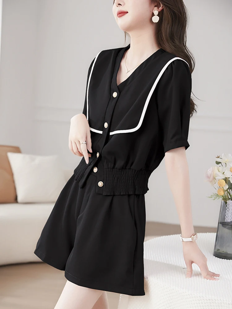 

Женский офисный комплект из двух предметов, однотонная блузка с V-образным вырезом и шорты с коротким рукавом, одежда для женщин, лето 2023