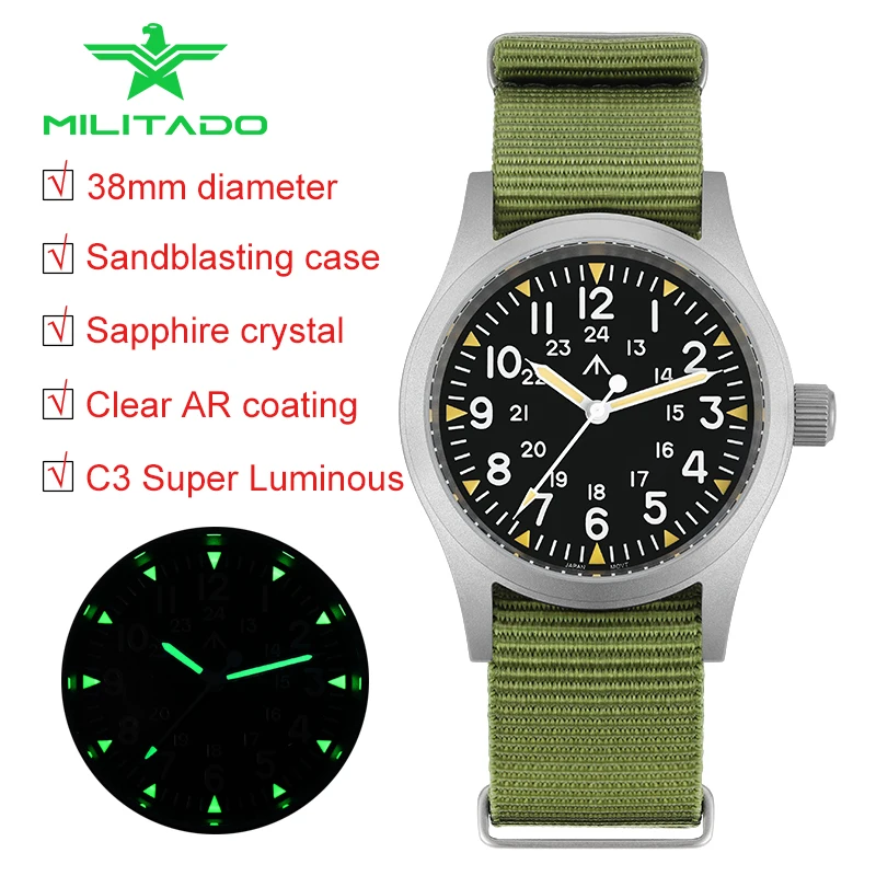 Militado Ml05 38Mm Field Watch Domed Sapphire Crystal C3 Super Luminoso Vh31 Movimento Al Quarzo Retro Orologio Da Polso Da Campo Omaggio