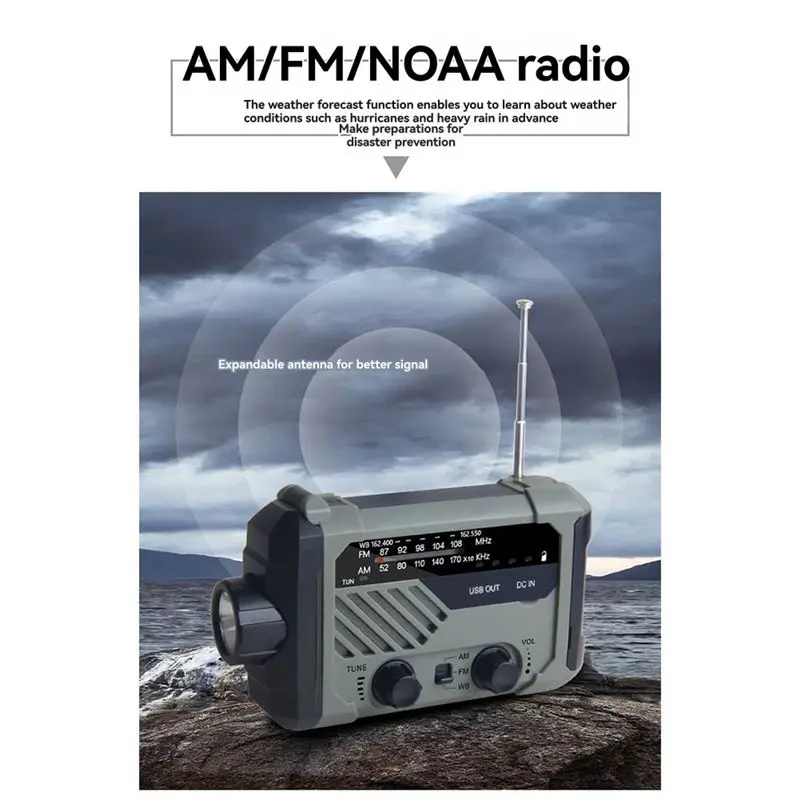 [NEW A09R】 AM/FM 밴드를 갖춘 다기능 태양광 비상 라디오, 대형 손전등, 핸드크랭크 발전기, 휴대용 휴대폰 충전기